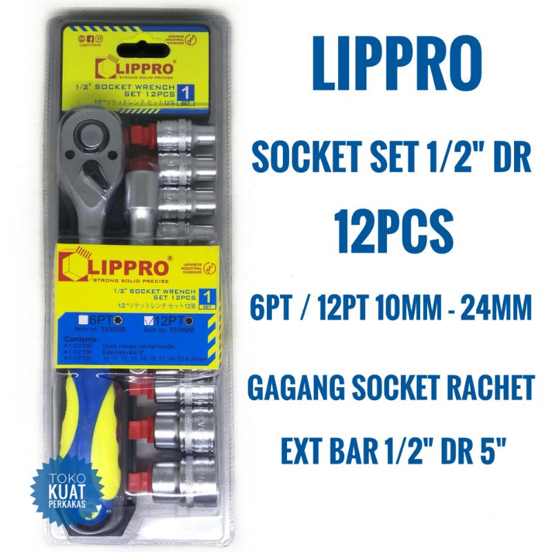 Lippro socket kunci sok set 12 pcs 1/2" dr 6PT 12PT 10-24mm + rachet