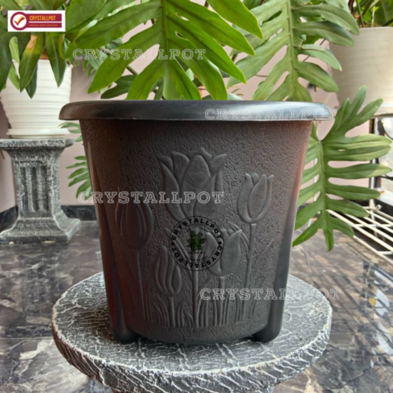 pot bunga tanaman motif bunga tulip 25cm HITAM - TULIP 07K HITAM