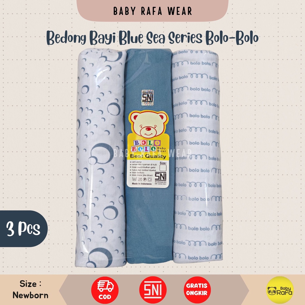 Serian Biru - 3 pcs Bedong Bayi Bahan Kaos BLUE SEA SERIES 110 x 90 cm Merk SNI Bolo - Bolo