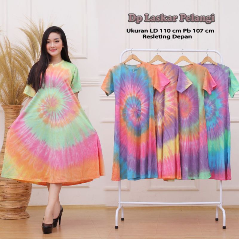 Daster Payung Jumbo Lengan Pendek Bahan Kaos Model Tiedye Busui Resleting Depan Dress Kekinian Terbaru Termurah