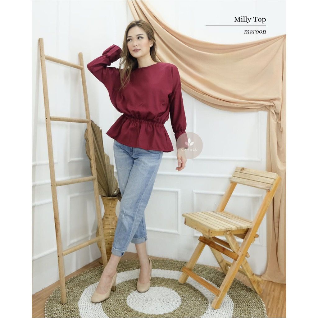 CAVALU 066 Milly Top Baju Atasan Wanita Blouse Casual Lengan Panjang Serut Simple