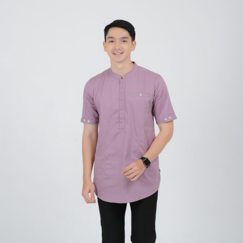 BAJU KOKO KURTA PAKISTAN PAKAIAN MUSLIM PRIA LENGAN PENDEK WARNA MAROON NAVY ORANGE BIRU LILAC M L XL