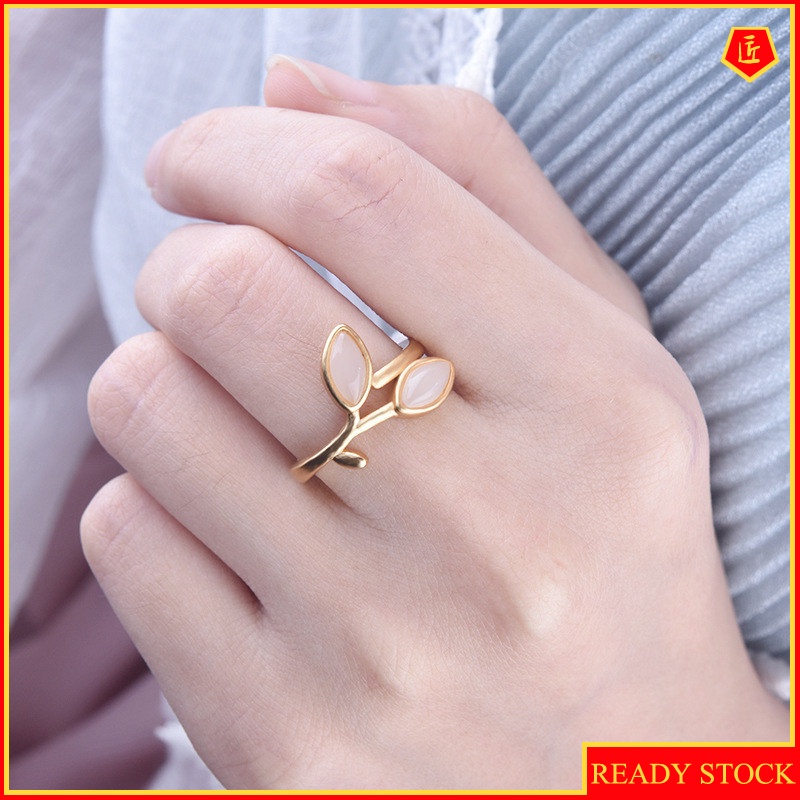 [Ready Stock]Elegant Inlaid White Jade Gold Ring Simple Personality