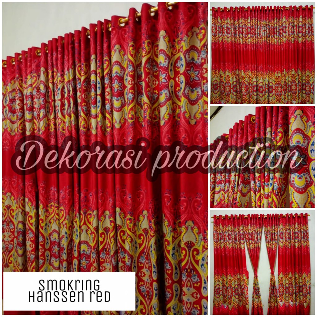 Tirai Gorden Hordeng Smokring 12 Ring 6 Gelombang Bisa Pintu / Jendela Motif Sultan Hanssen Merah