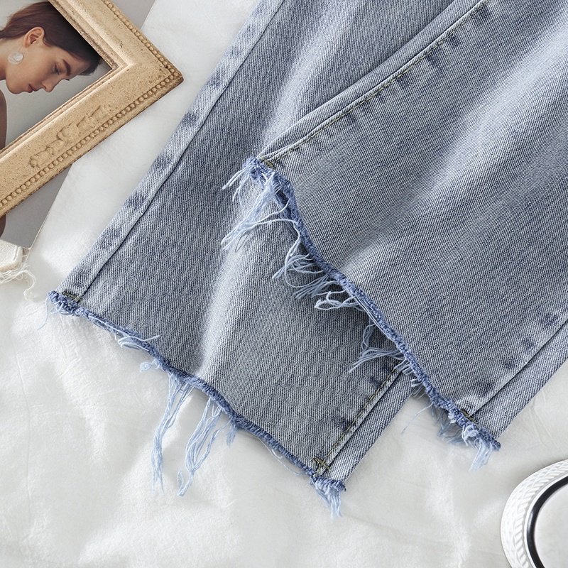 Jeans Rawis Highwaist Straight Loose  Korean Style Dengan Warna Biru Celana Wanita