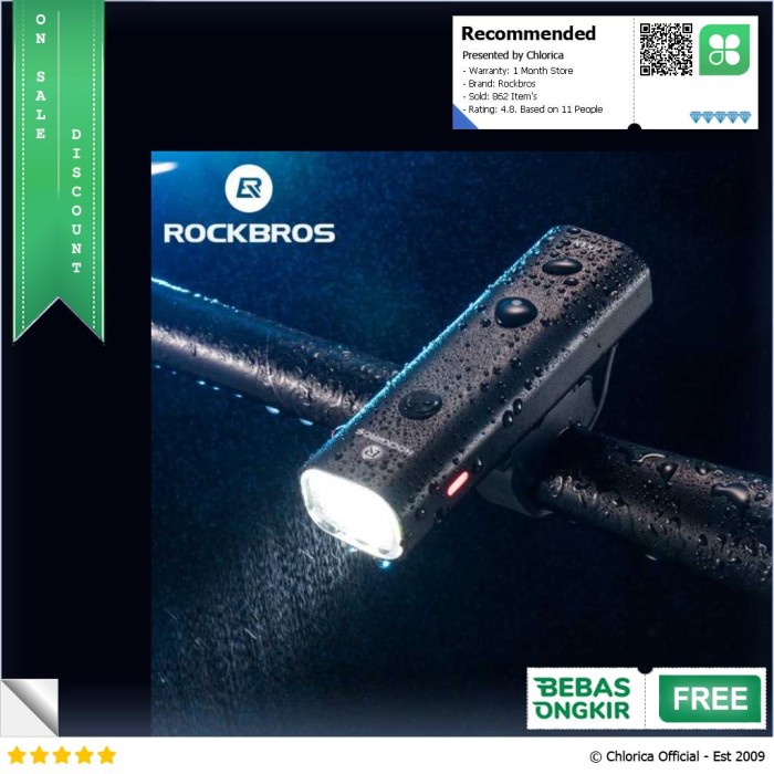 Rockbros Lampu Sepeda Usb Rechargeable 2000Mah 400 Lumens - Yq-Qd400