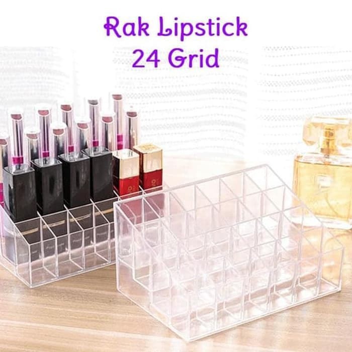 Tempat Lipstik Akrilik Organizer Lipstic Holder 24 Grid Holder Rak Lipstik Kuas Multifungsi
