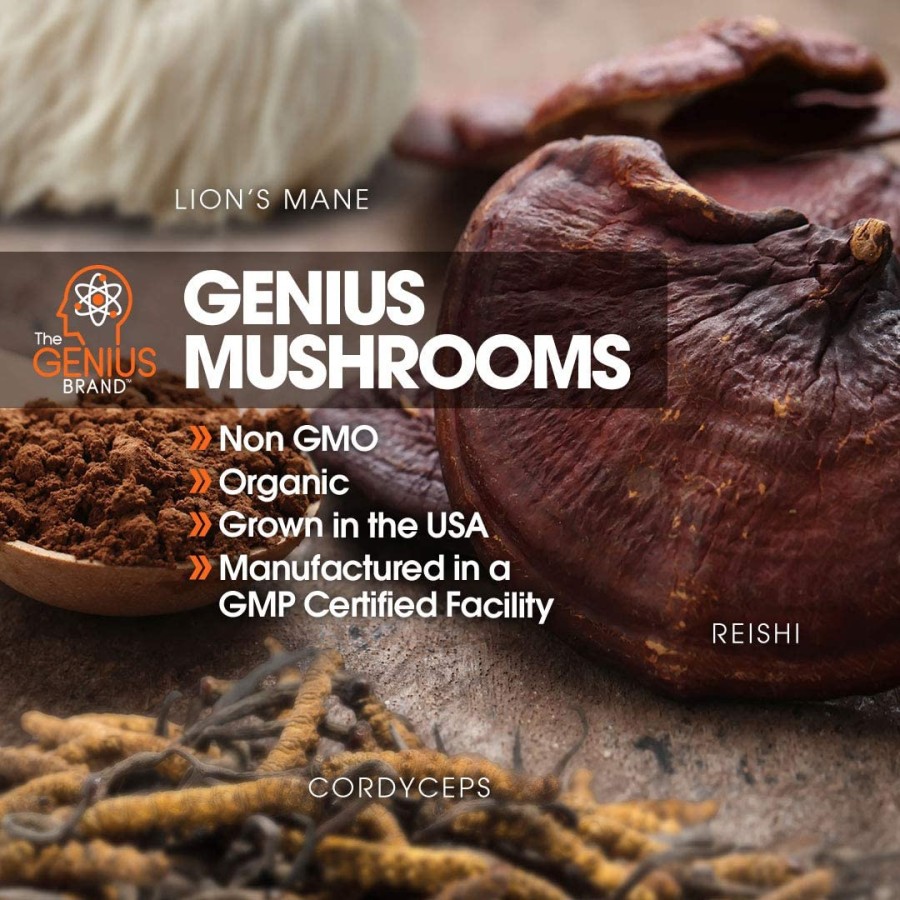 Genius Mushroom - Lions Mane, Cordyceps &amp; Reishi - 90 Veggie Caps Mushrooms