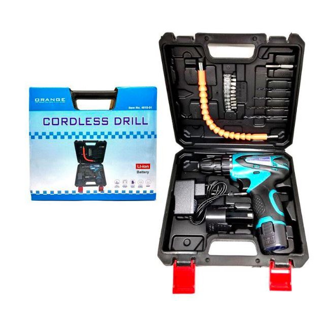 COD Mesin Bor 2 Baterai Orange 12 Volt Variable Speed 10mm Set Box
