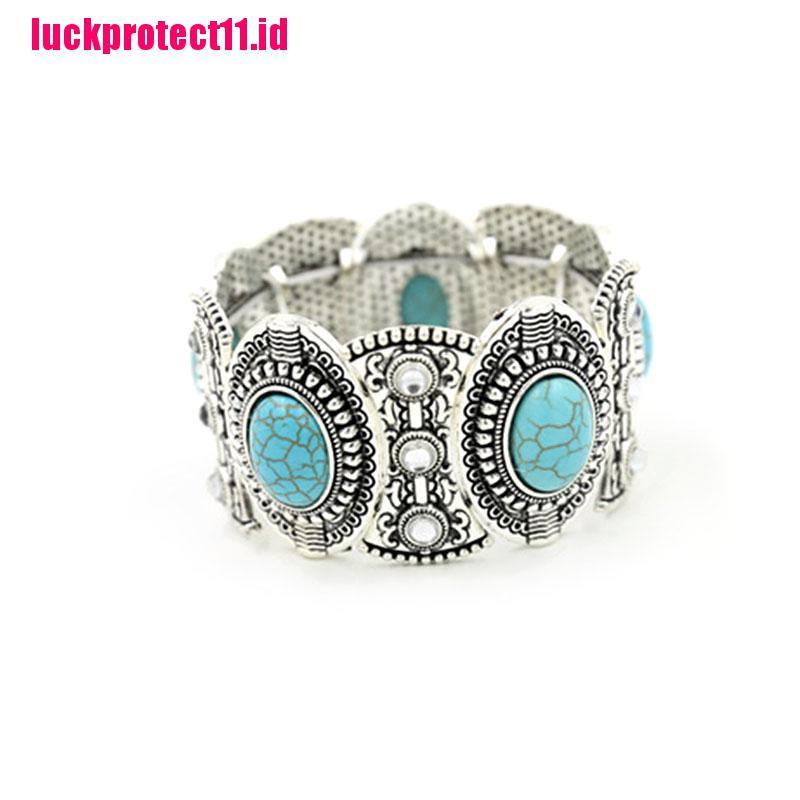 (LUCK) Gelang Tangan Silver Gaya Boho Vintage Retro Aksen Batu Turquoise Tibet Untuk Wanita