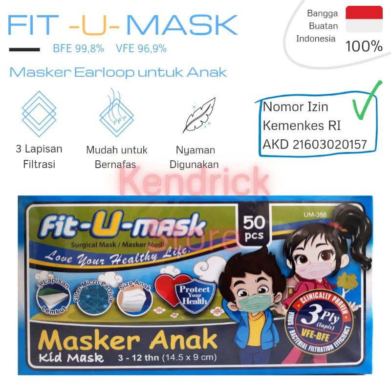 Masker Medis Fit U Mask Anak Isi 50 Pcs BFE VFE Kemenkes RI