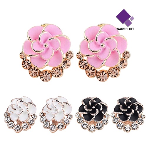 Anting Stud Bentuk Bunga Peony Camellia Bahan Alloy Aksen Berlian Imitasi Untuk Wanita