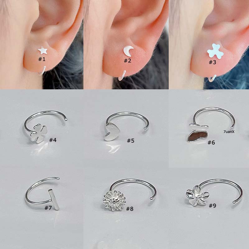 1pc Anting Tindik Bahan Sterling Silver 925 Desain Bunga / Hati / Bintang Hypoallergenic 20 Gage Untuk Wanita