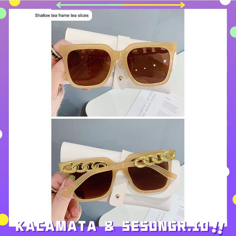 Kacamata Hitam Sunglasses Desain Rantai Persegi Bingkai Besar Kaca mata Retro Lensa Bening Kacamata Wanita Street Shooting