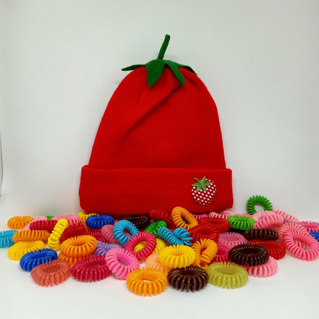 KUPLUK ANAK BAYI PEREMPUAN WANITA MOTIF STRAWBERRY PREMIUM RAJUT