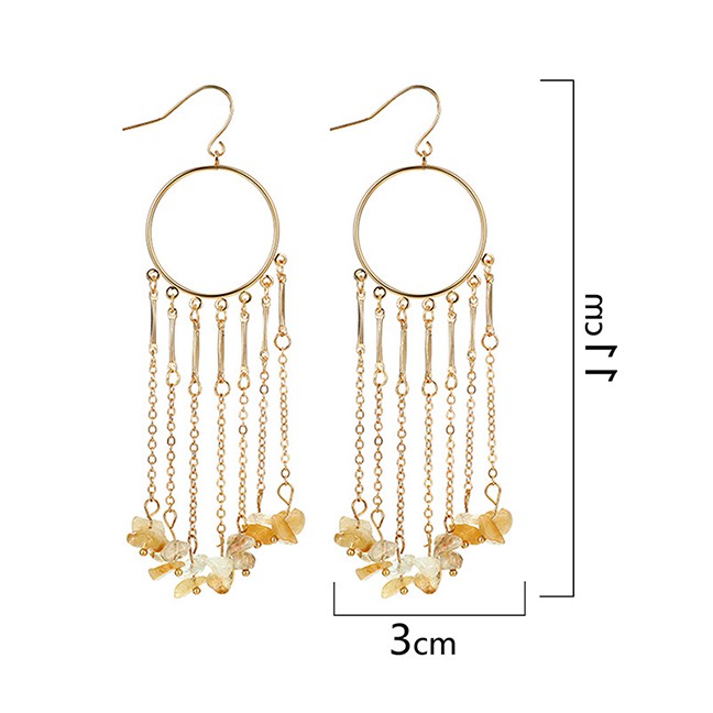 LRC Anting Gantung Fashion Golden Small Gravel Tassel Circle Alloy Earrings K44565