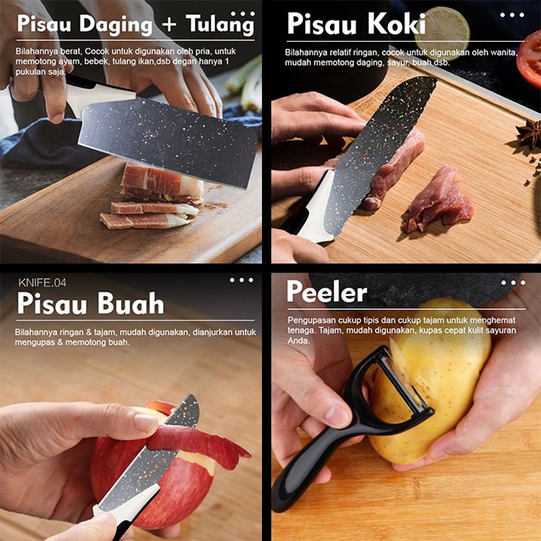 Hobby Shopping - Set Pisau Dapur isi 5 pcs Pisau Dapur + Peeler Hitam