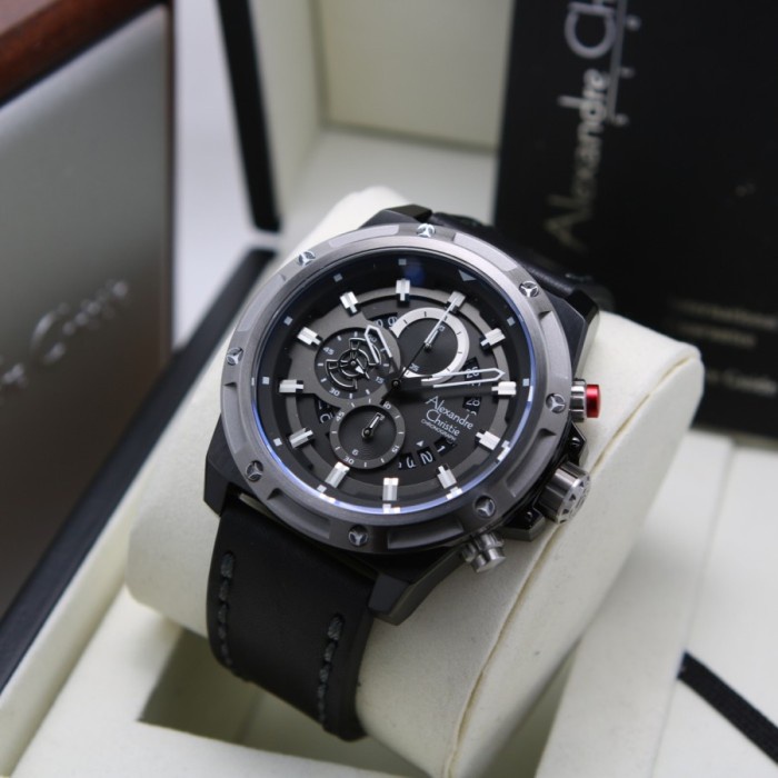 Jam Tangan Pria Alexandre Christie AC 6506 AC6506 Grey Black Leather Black Original