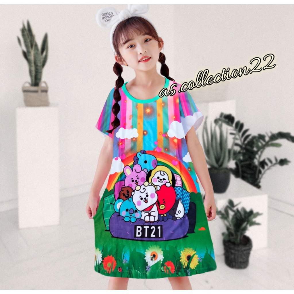 DRESS FULL PRINT DASTER ANAK MOTIF BTS21 5-10 TAHUN