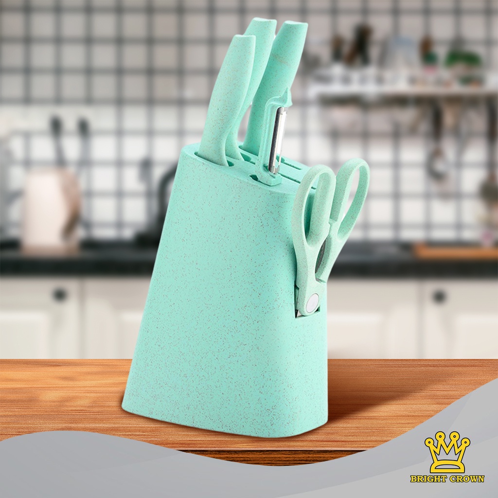 Bright Crown Pisau Dapur Set 6 in 1 / Kitchen Knife Set 6 in 1 Dengan Wadah Berkualitas-A-Pisau Set Hijau