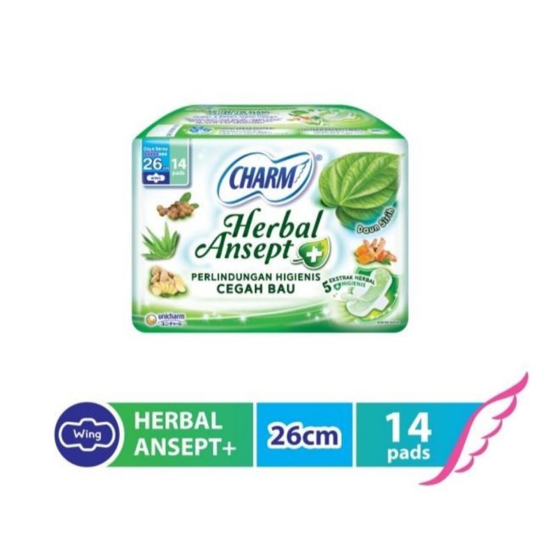 CHARM Pembalut Herbal Ansept + 26cm isi 14 Wings Pad Higienis