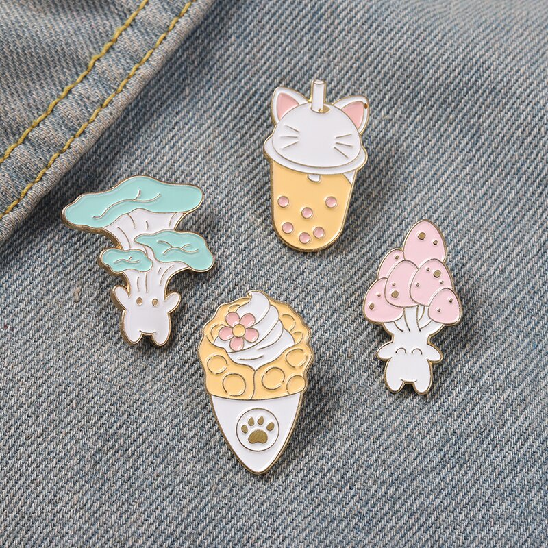 Food Enamel Pins Mushroom Ice Cream Boba Tea Cat Paw Brooches Bag Hat Lapel Pin Cartoon Badge Jewelry Gift Kids Girl