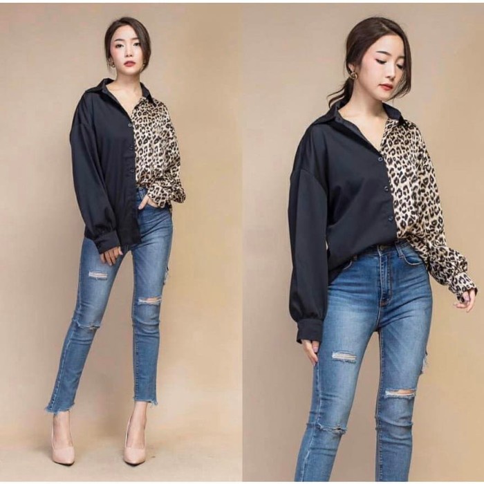 Kemeja Wanita Import Baju Import Wanita Baju Wanita Kekinian Kemeja Kombi Leopard [Baju Atasan Wanit