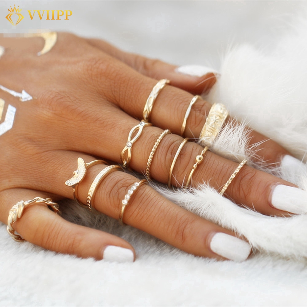 8types Fashion Korean Retro Cincin Vintage Multilayer Aksen Kristal Warna Gold Untuk Wanita Aksesoris