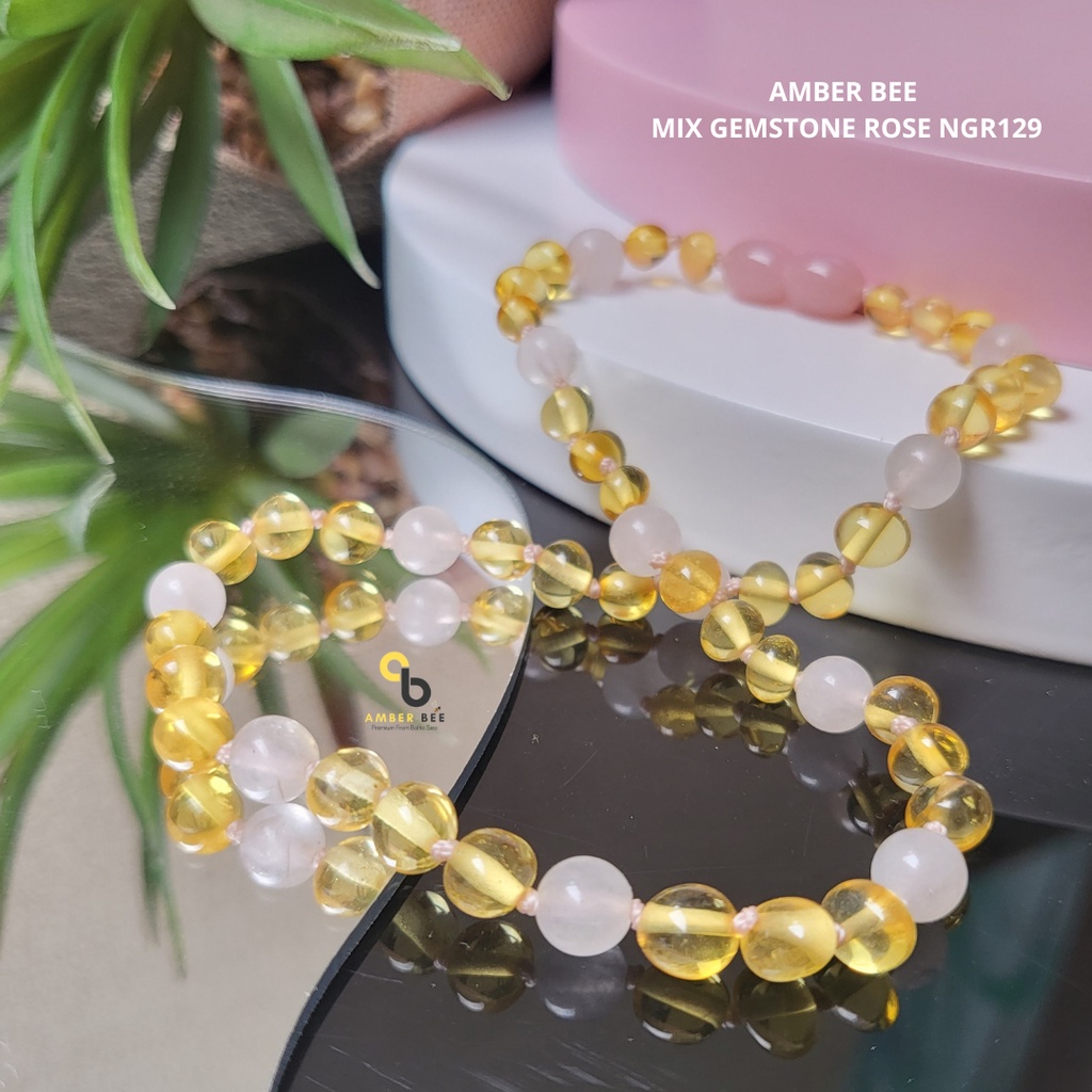 Kalung Amber Baby &amp; Anak Premium Glossy Lime Rose Gemstone NGLR129 By Amber Bee