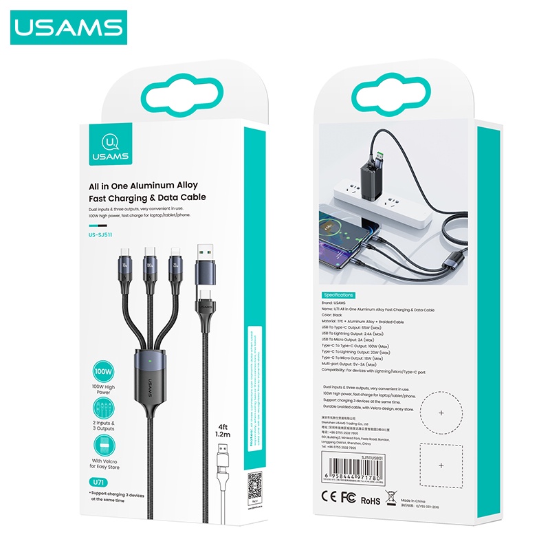 USAMS U71 Kabel Data Fast Charging All in one 100W PD/QC/AFC/FCP 1.2M