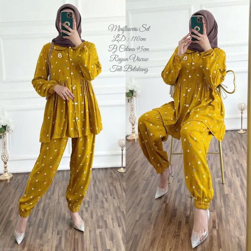 One set Rayon Premium Setelan Piyama Motif Terbaru-Sunny Mustard Set