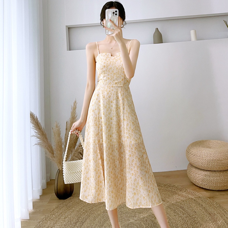 #Sisjuly# Wanita Perancis Temperamen Slim Chiffon Suspender Gaun Wanita Musim Panas Manis Temperamen