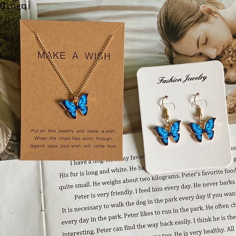 Anting Dan Kalung Rantai Liontin Butterfly Warna-Warni Untuk Wanita