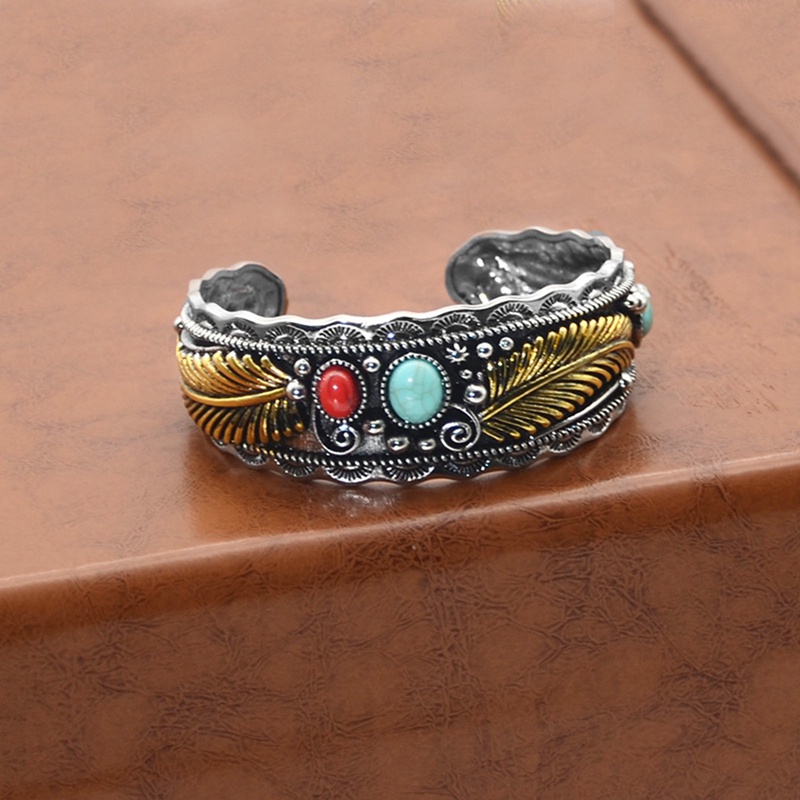 Gelang Turquoise Desain Bulu Ganda Gaya Retro Untuk Pria Dan Wanita