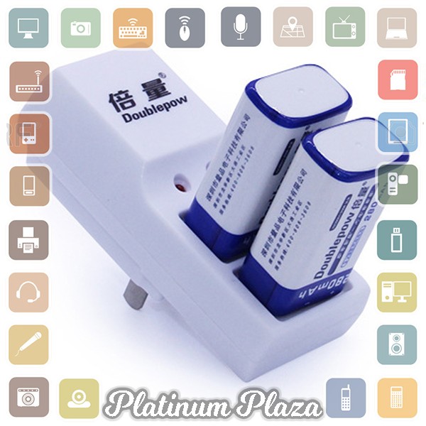 DOUBLEPOW Charger Baterai 2 slot for 9V with 1 PCS 9V Battery 280mAh - DP-B09 - White`1243GW-
