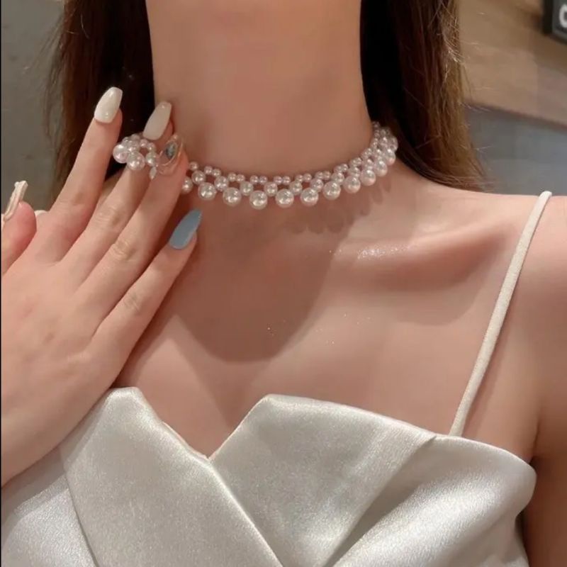 Briella Korean Pearl Choker Necklace Kalung Mutiara Korea Anyam Rangkai