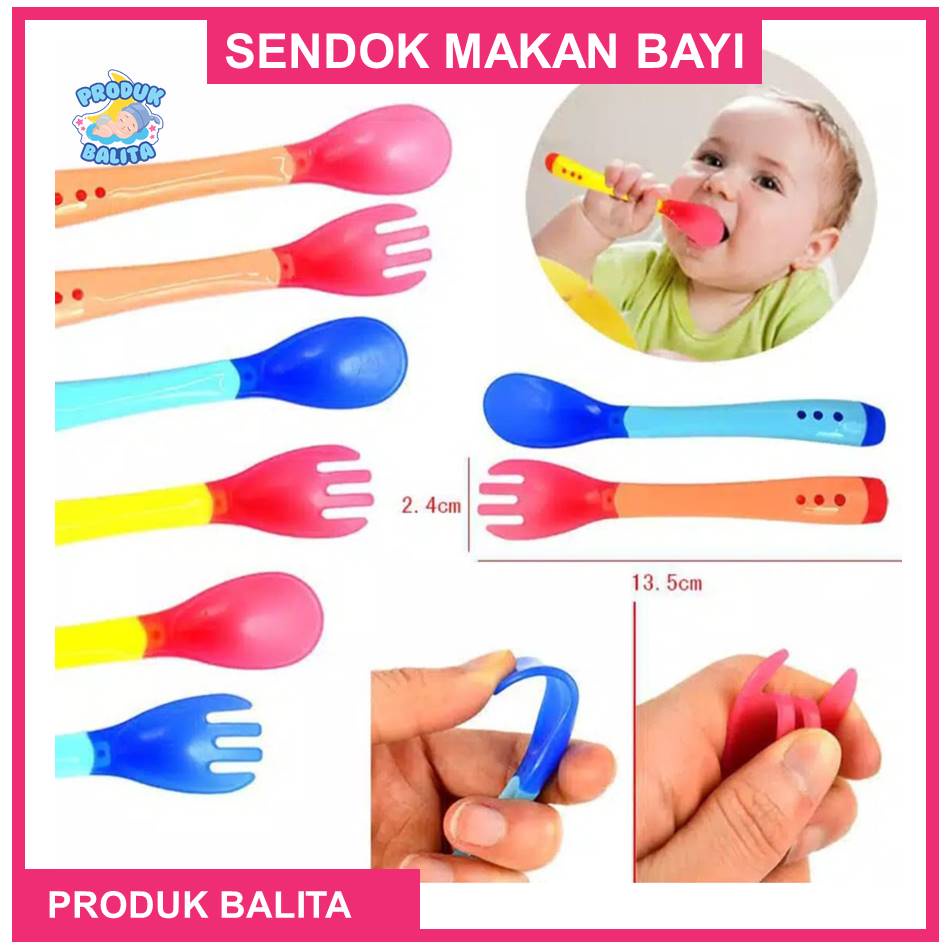 Sendok Makan Bayi Sensor Panas / Spoon Fork Set Heat Sensing Sendok Garpu makan bayi silikon Terlaris