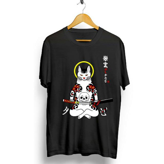 Fourfashion Kaos Pria Kaos Distro CAT SAMURAI Black CN748