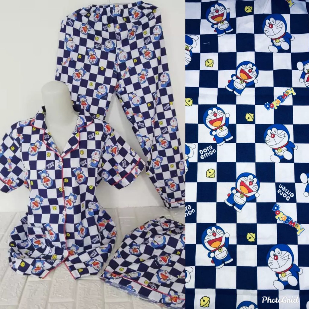 JNV Piyama CP 3in1 Wanita Motif Karakter Kartun 03 - Baju Tidur 3in1 - Bahan Katun-Emon Catur Navy