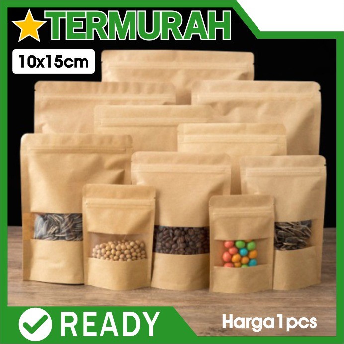 

1p STANDING POUCH 10x15 KLIP KRAFT PAPER KEMASAN SNACK ZIPLOCK window kopi zip valve makanan mini food grade coklat