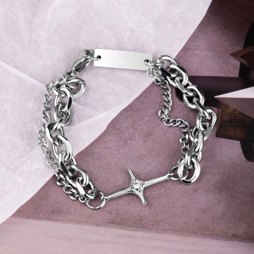 Gelang Berlian Bahan Titanium Steel Model Double Layer Gaya Hip-Hop Untuk Pria Dan Wanita