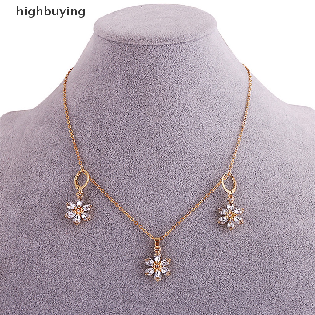 Hbid Set Kalung + Anting Tusuk Lapis Emas Desain Bunga Hias Berlian Imitasi Untuk Wanita