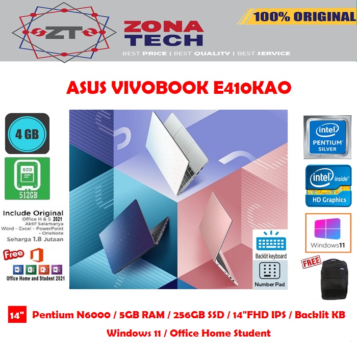 ASUS VIVOBOOK E410KAO - INTEL PENTIUM N6000 - 4GB - 256GB SSD - INTEL UHD - BACKLIT - 14&quot;FHD IPS - WIN11 - OHS2021