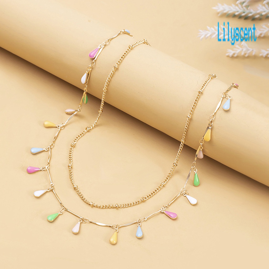 2pcs / Set Kalung Rantai Dengan Liontin Bentuk Tetesan Air Hollow Out Warna-Warni Untuk Wanita