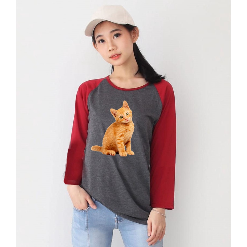 Kaos Raglan Abu Tua Lengan Panjang Gambar Kucing