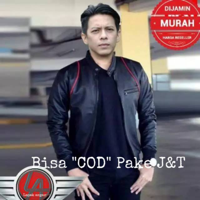 JAKET KULIT PRIA LIST MERAH ARIEL JEKET KULIT SINTETIS