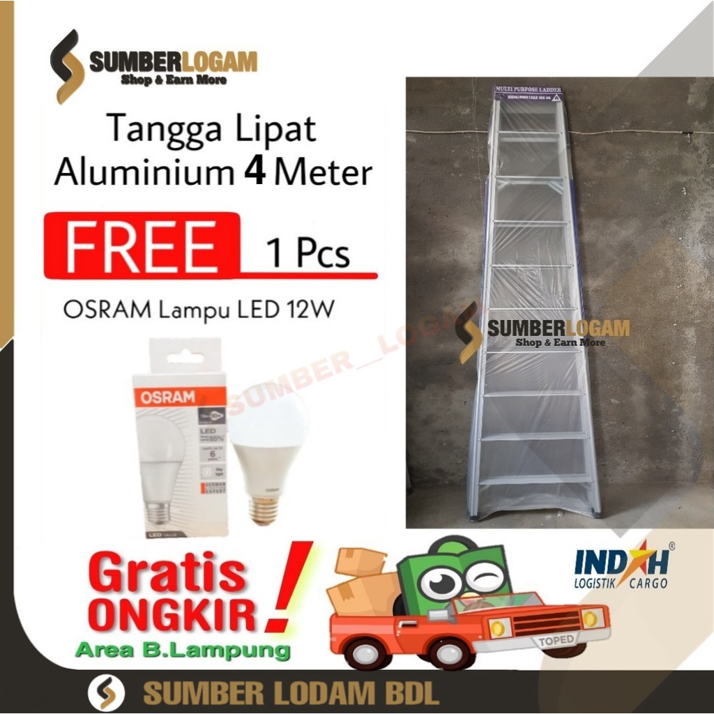 Tangga Lipat Aluminium 4 Meter BONUS OSRAM Lampu LED 12W