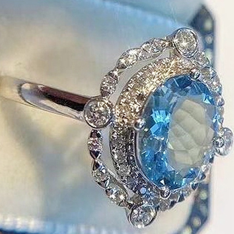 Cincin Bentuk Oval Bahan Cubic Zirconia Warna Biru Untuk Wanita