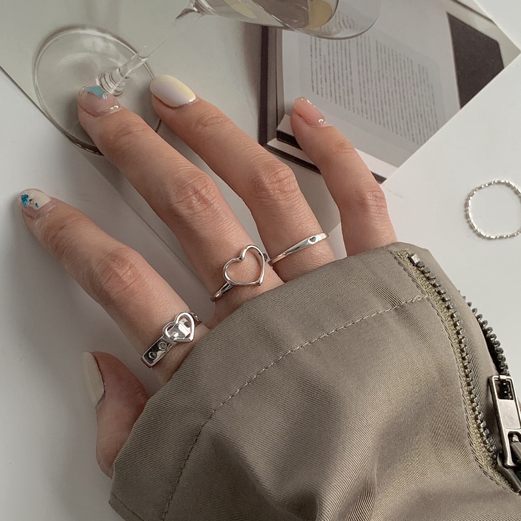 AY(CN) 5pcs / Set Cincin Silver Desain Hati Hollow Gaya Korea Untuk Wanita