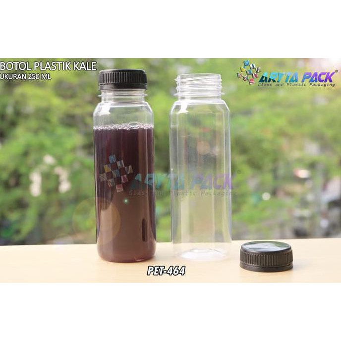 BOTOL PLASTIK 250ML PET MINUMAN JUS KALE TUTUP HITAM SEGEL